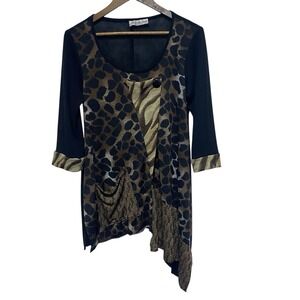 Sole Dione Studio Tunic Womens L Black Animal Print Artsy Asymetrical Hem